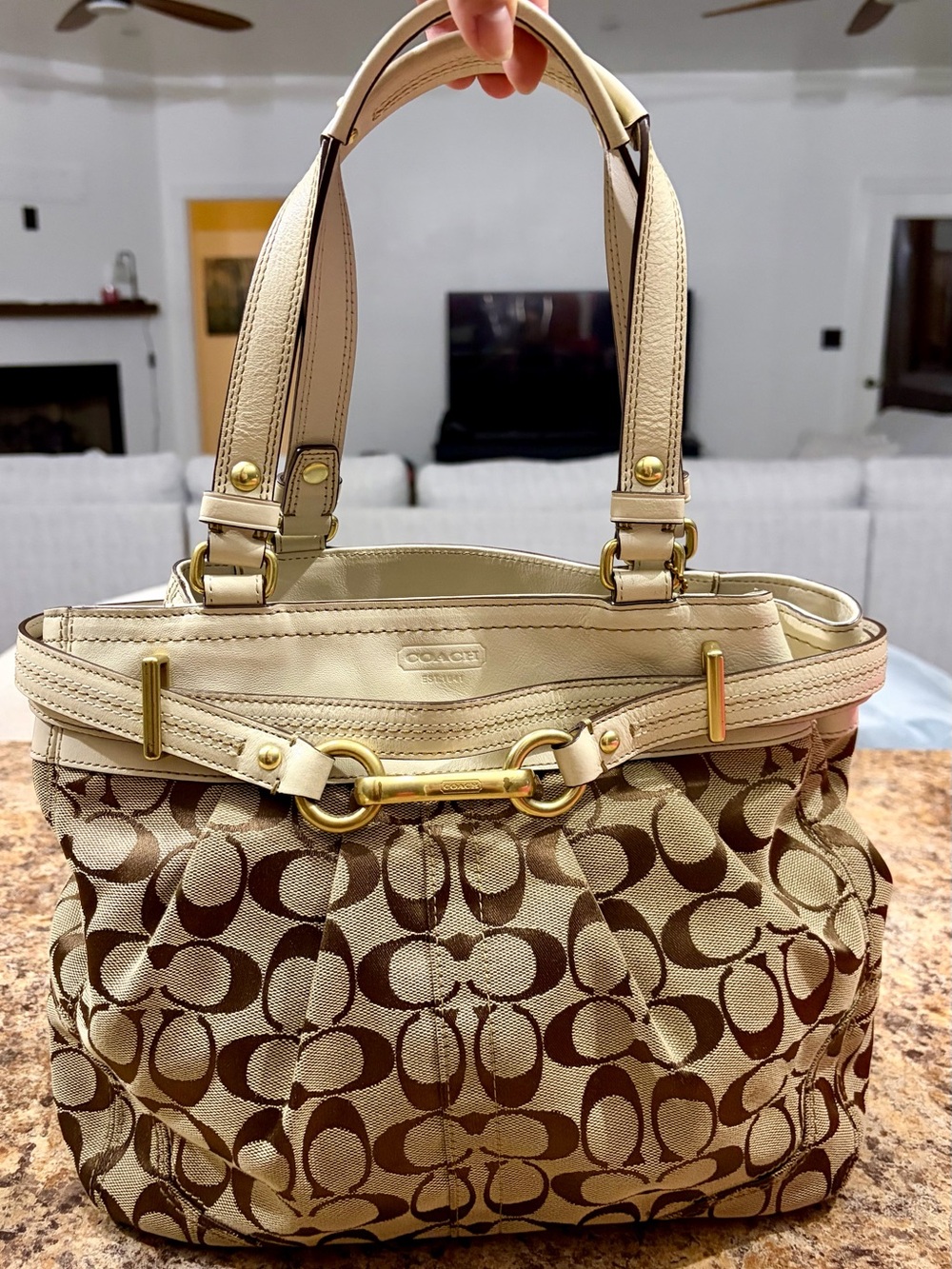 Coach Signature Canvas Shoulder Bag in Brown and Cream